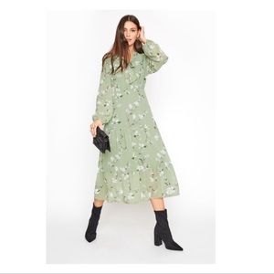 LTS Tall Sage Green Floral Tiered Smock Midi Dress
